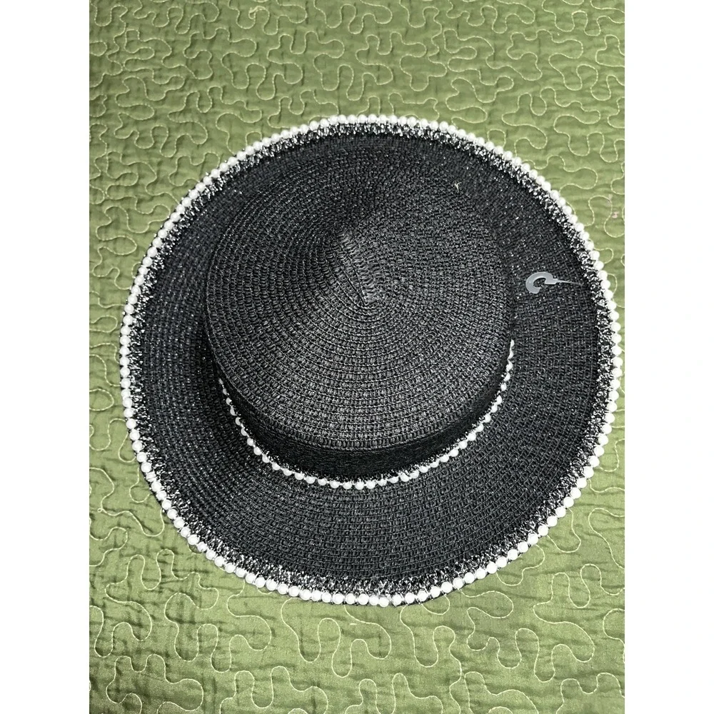 Black Straw Hat With Beaded  Detail , Sun‎ hat , Halloween